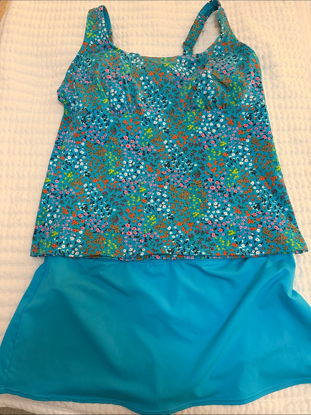 Lands End Turquoise Floral Tankini Top with Solid Aqua Skirted Bottom